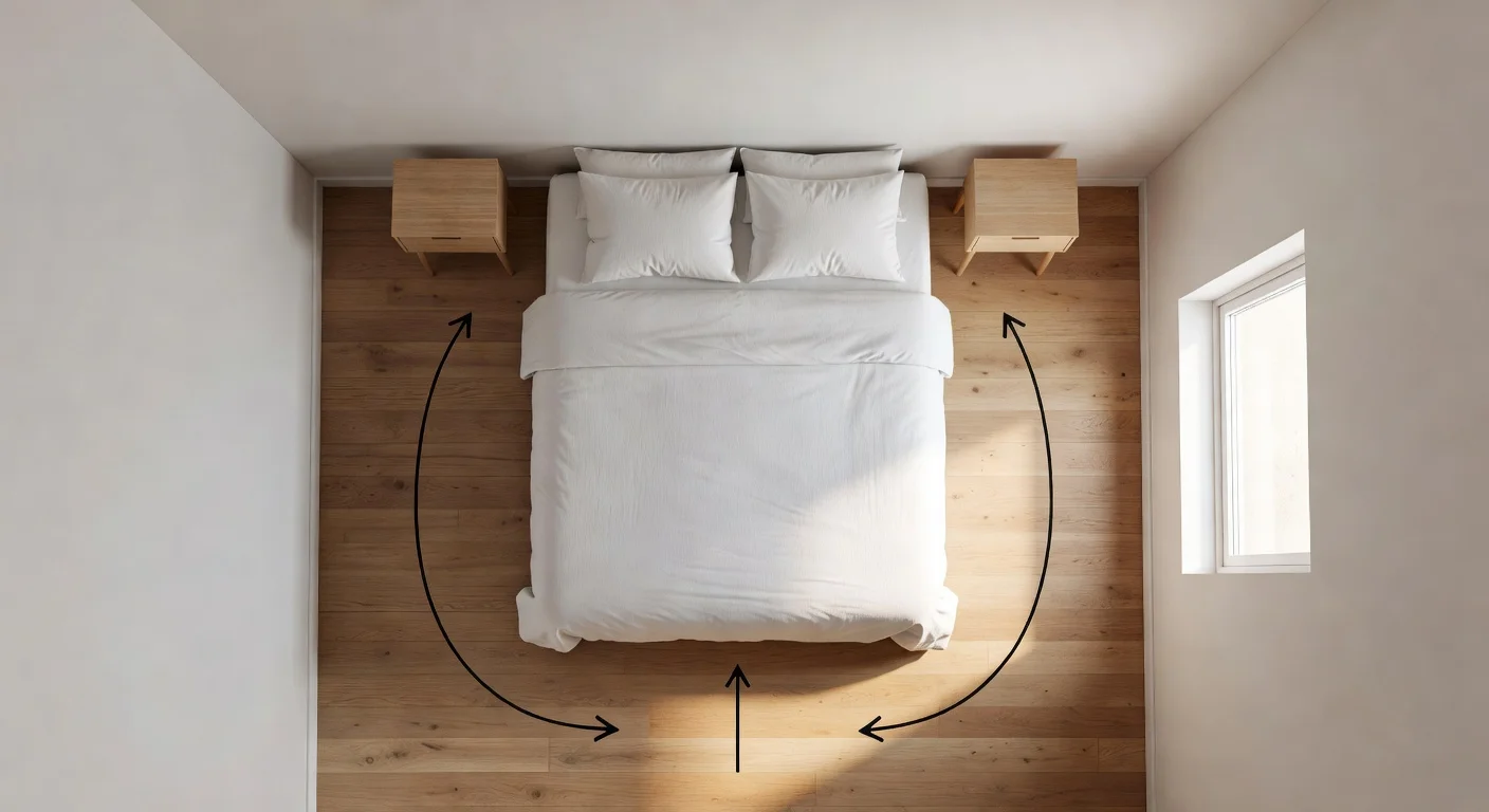 Overhead floor plan showing a 10x10 bedroom with a queen bed placed centrally against the opposite wall.