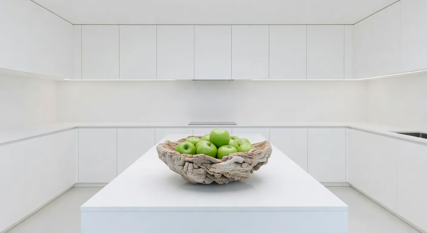Driftwood accent decor in a modern white kitchen.