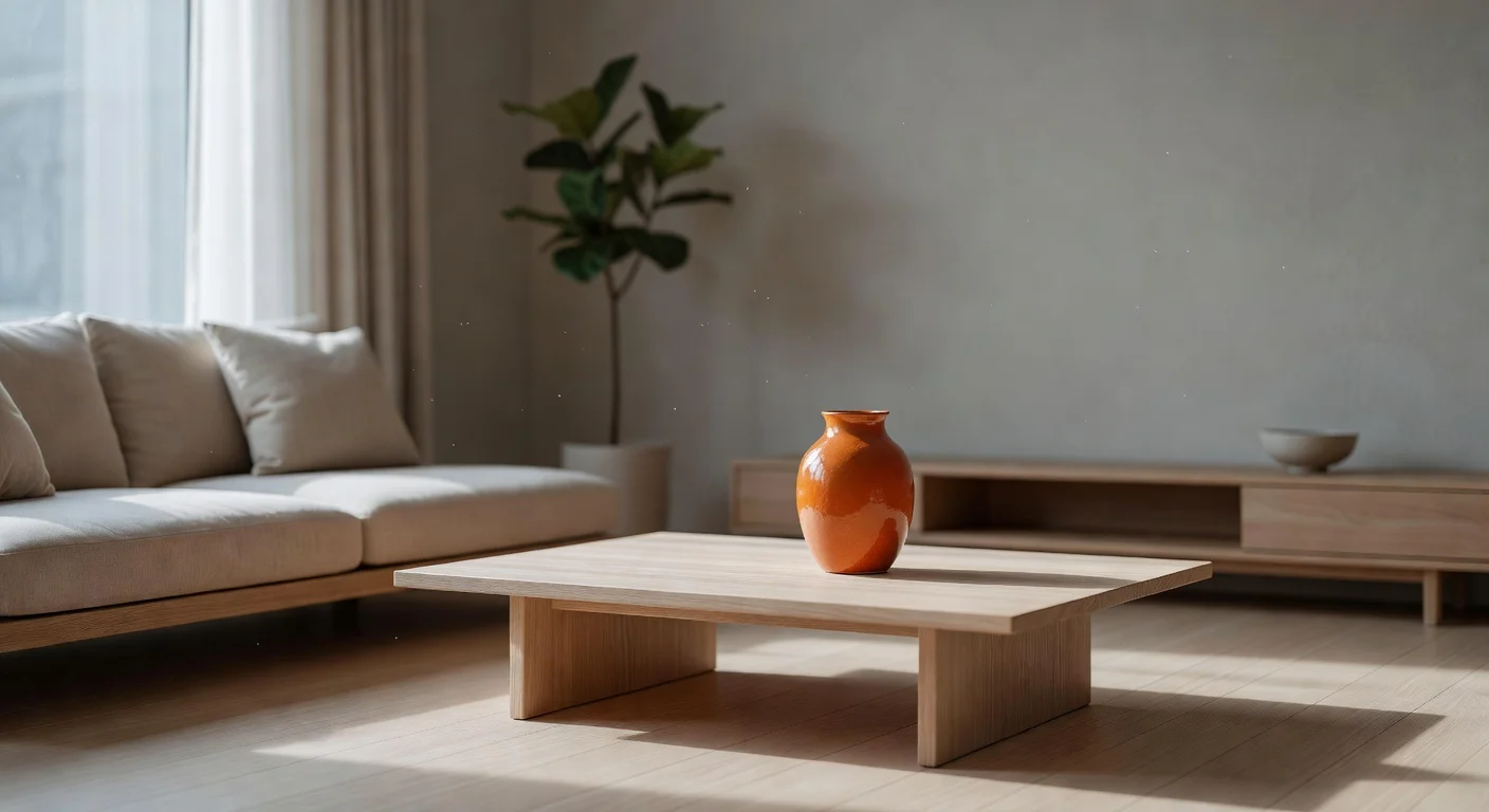 A minimalist living room featuring a singular bright mustard-yellow accent chair and a structured geometric vase.
