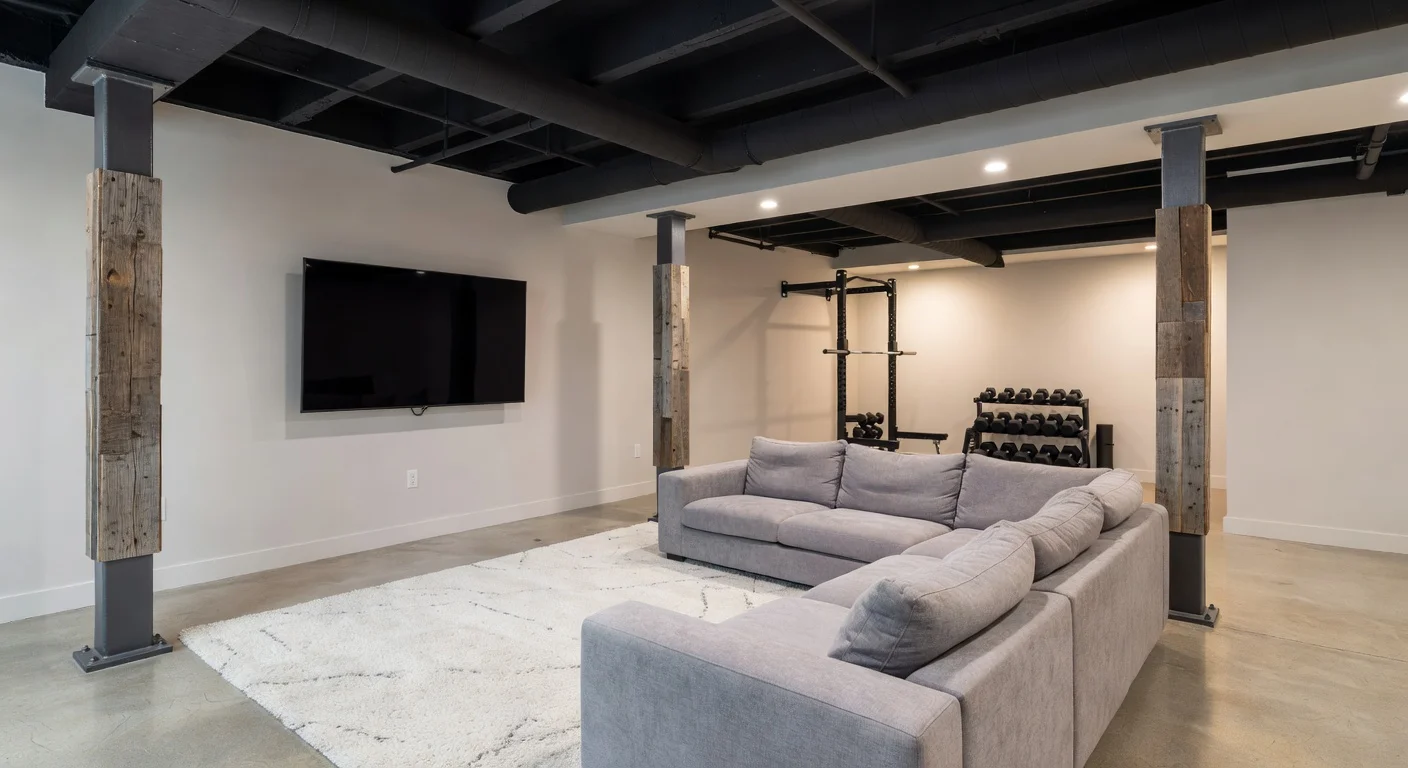 A modern basement furniture layout showing a modular sectional, a media zone, and a small home bar.