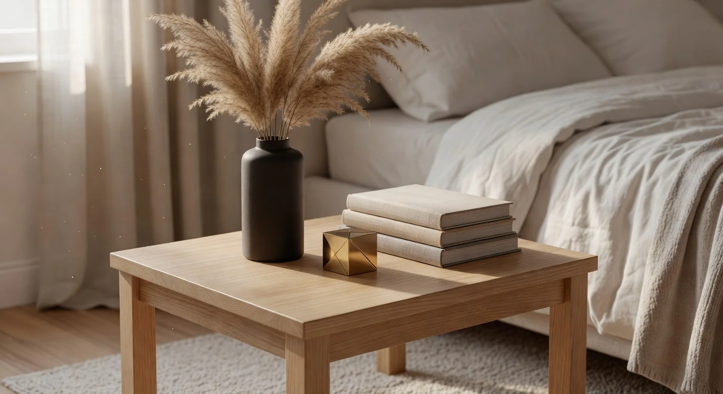 A neatly styled modern minimalist nightstand featuring a matte black ceramic vase and a small brass clock