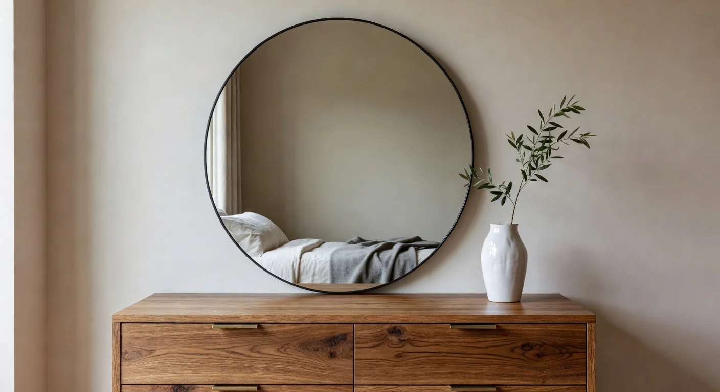 Minimalist styling on an oak bedroom dresser in late 2025 interior design style.