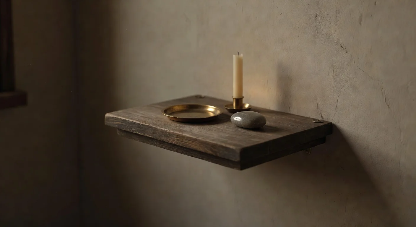 Small floating nightstand with three carefully curated decorative items.