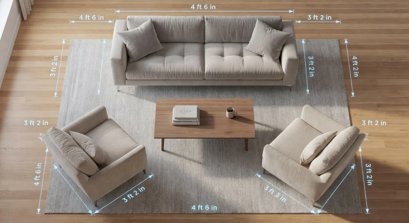 Overhead view of a modern living room showing perfect chair layout and traffic flow