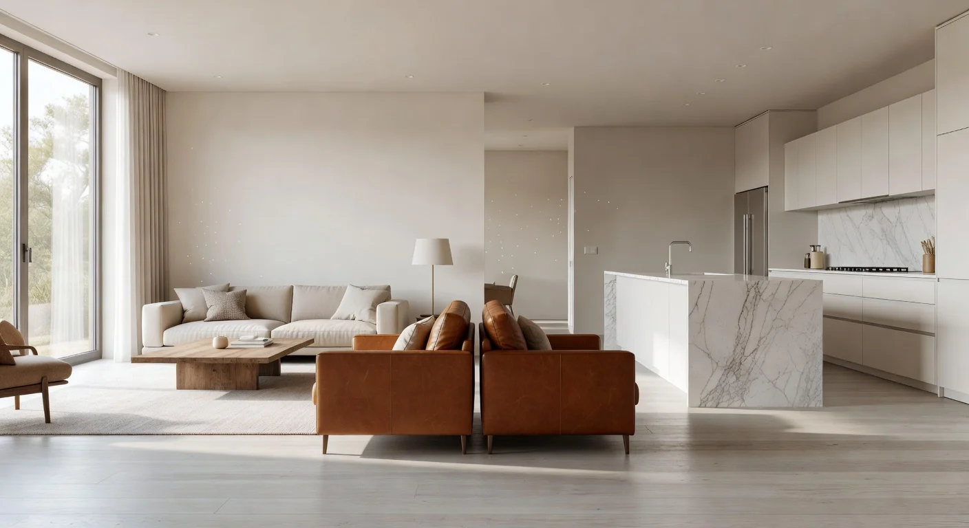 Open concept home utilizing chairs as visual room dividers between the living room and kitchen.