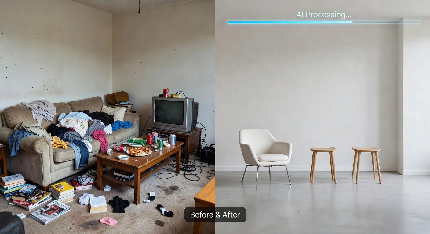 Smartphone screen demonstrating an AI app transforming a room layout instantly without manual editing.