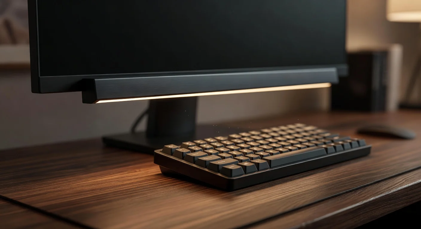 A monitor light bar illuminating a computer keyboard on a modern office desk.