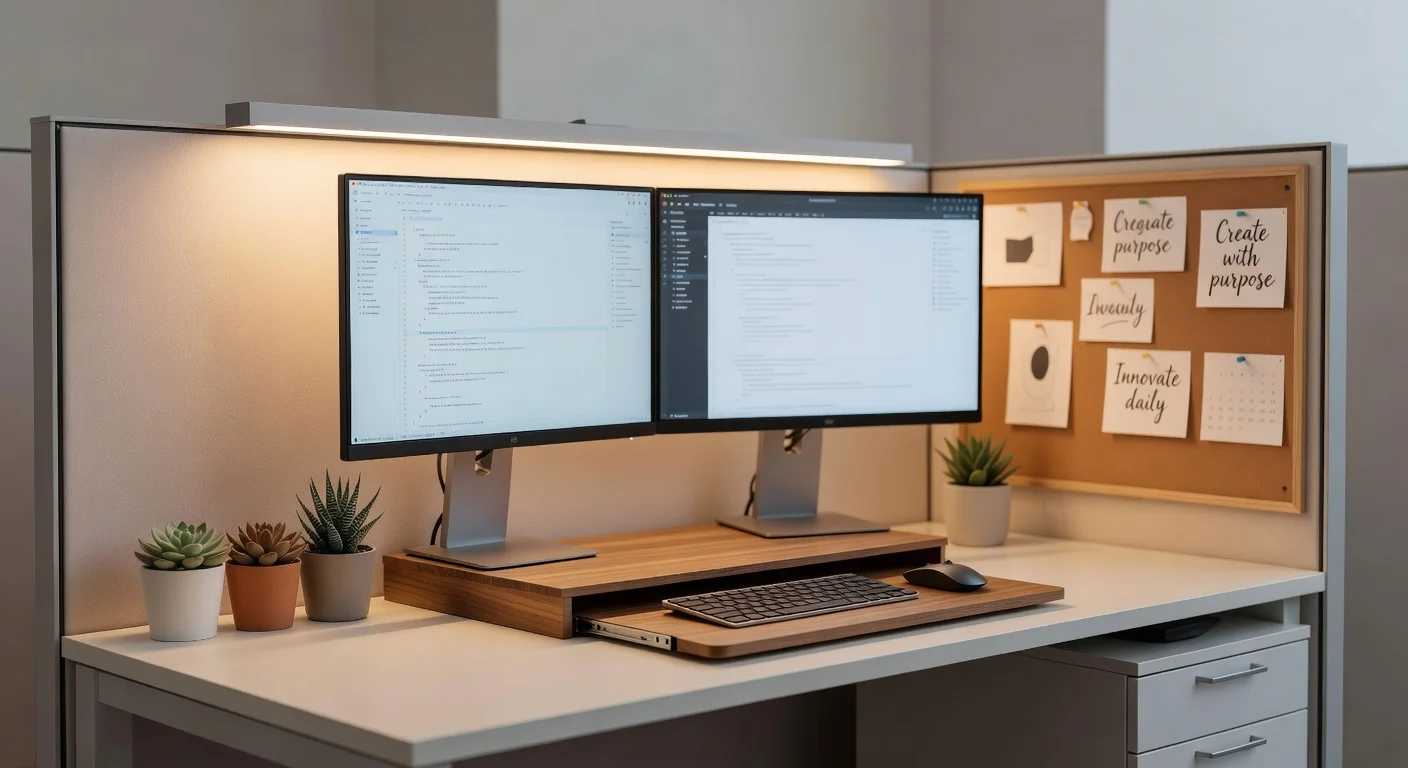 A beautifully decorated, modern office cubicle with small indoor plants, a monitor light bar, and personalized fabric wall panels.