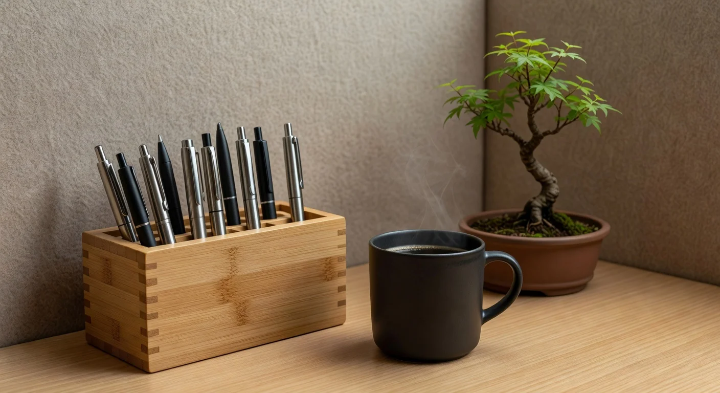 Japandi style desk accessories including a bamboo organizer and a miniature bonsai tree.