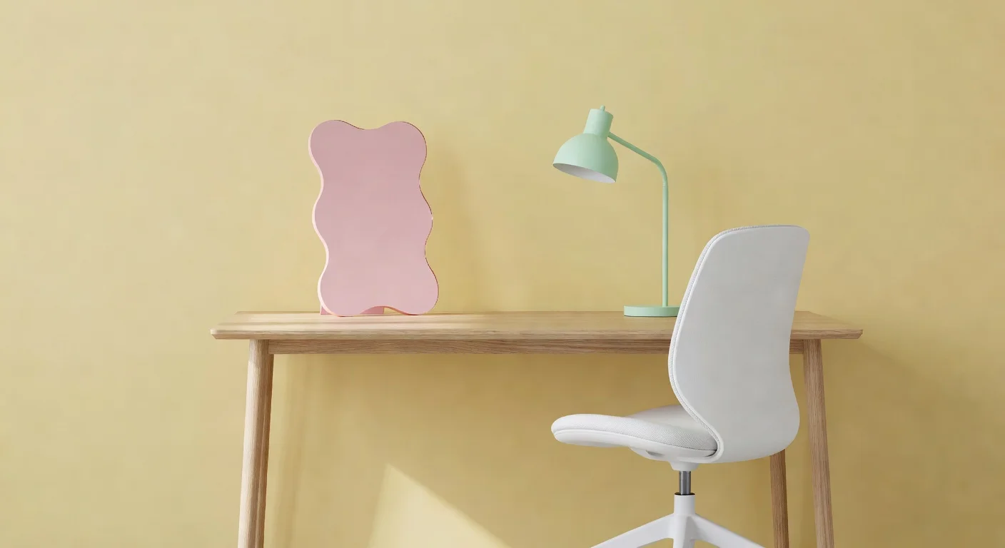 Adding wavy mirrors and pastel desk accessories easily modernizes a home office.