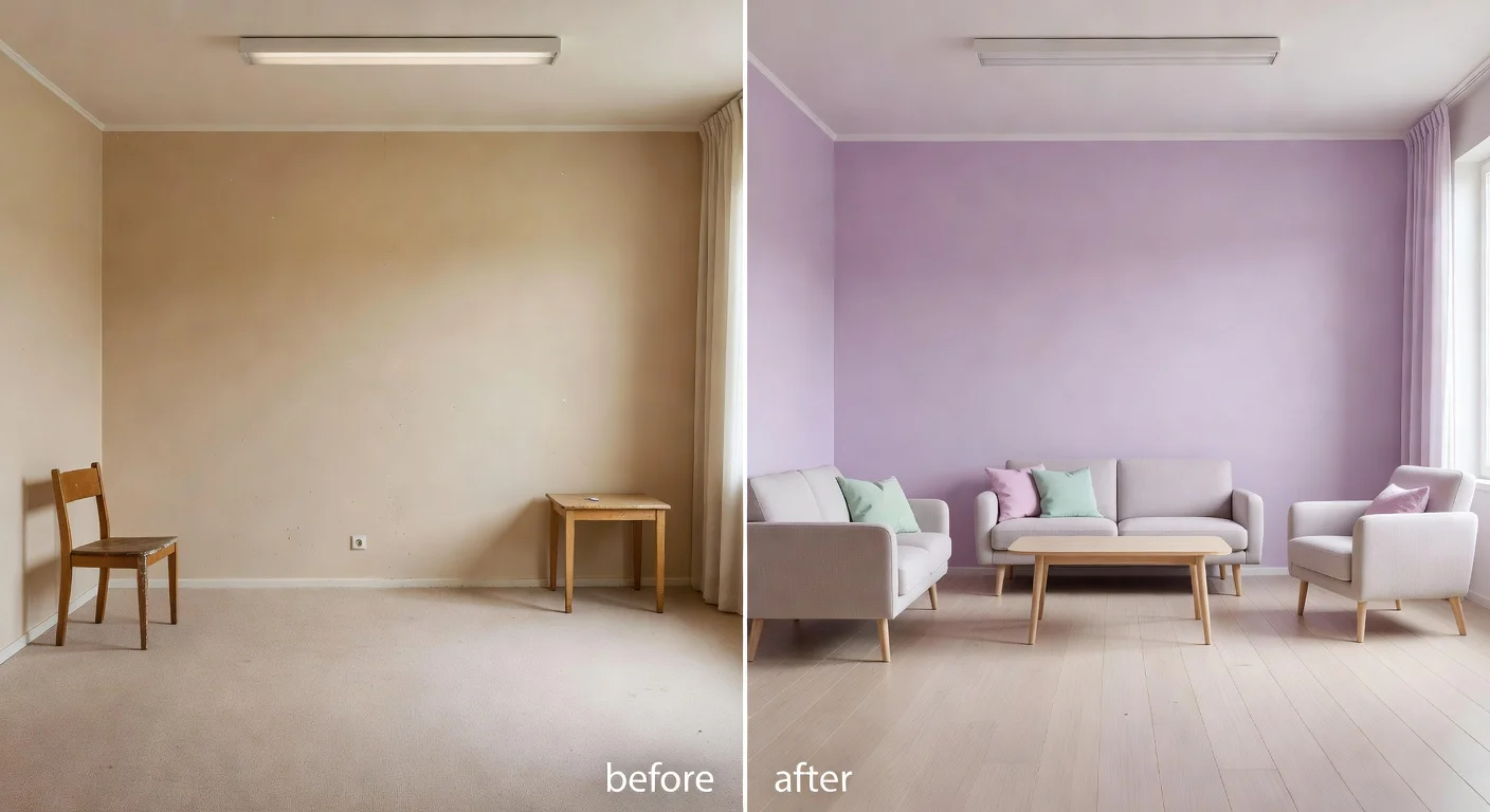 Comparing a traditional beige room layout to an AI-generated Danish pastel room design.