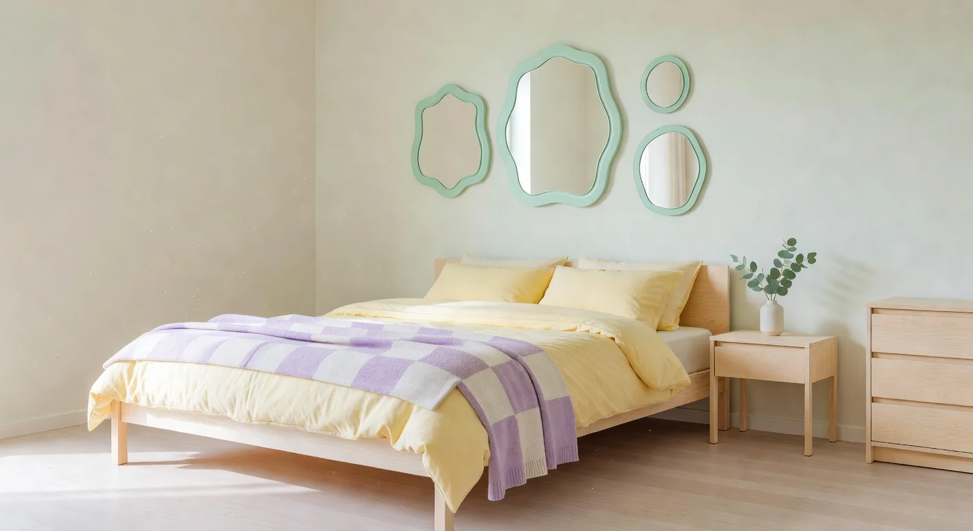 A beautifully styled Danish pastel bedroom featuring mint green walls, checkered lilac bedding, and wavy wooden mirrors.