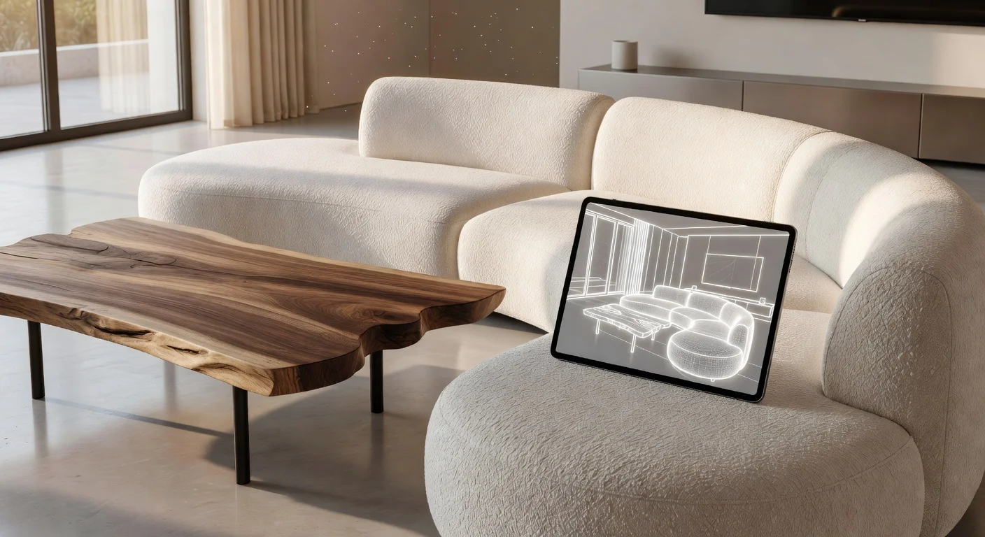 A cleanly styled minimalist living room featuring a curved sofa and a digital tablet showing a room layout.