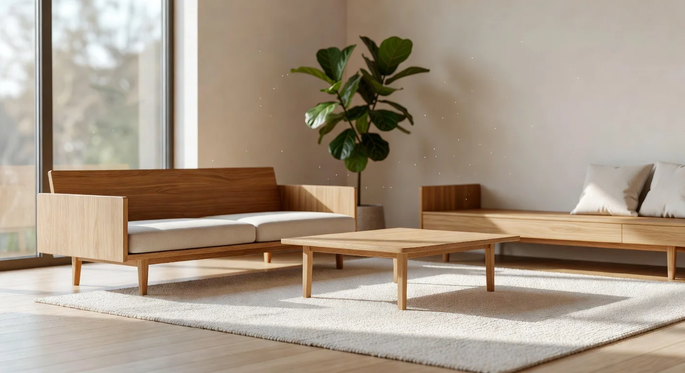 A well-lit, Japandi-style living room with an open floor plan and neutral textiles.