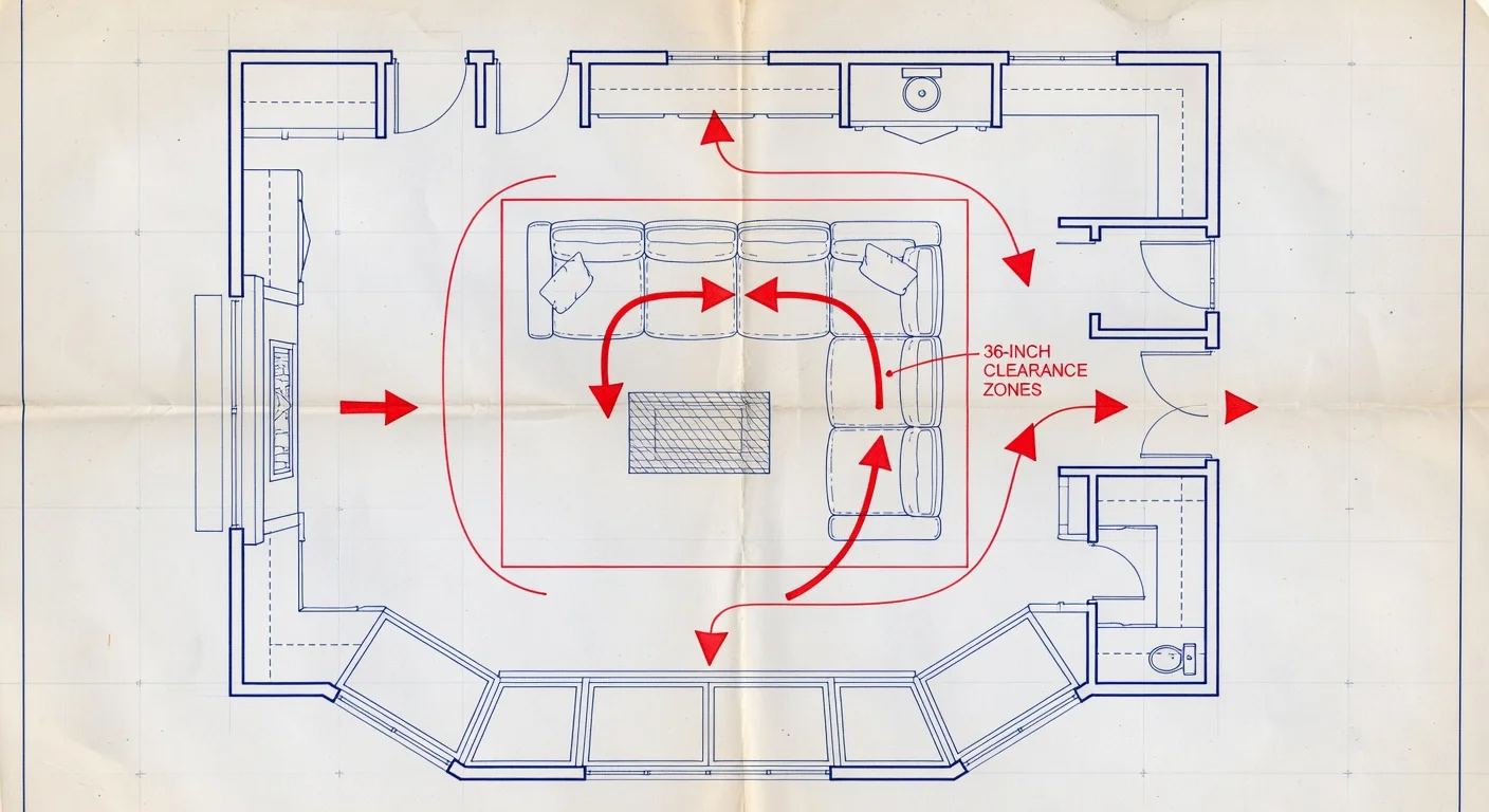 Living room floor plan diagram showing proper walking clearance around furniture.