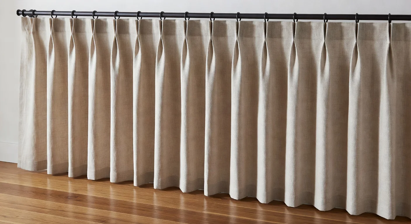 Modern linen ceiling-to-floor curtains that gracefully touch the hardwood floor.