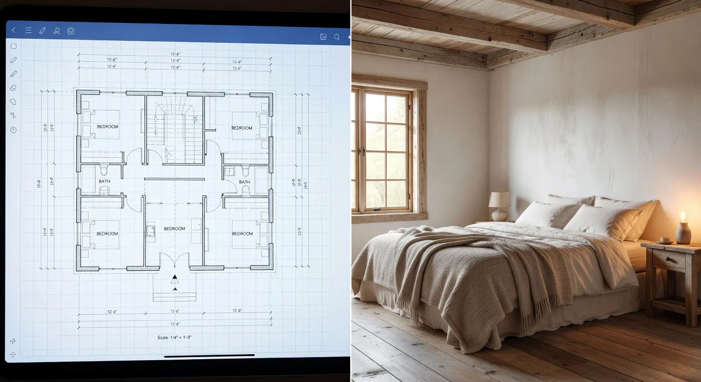 A visual comparison between structured floorplan drafting and instant AI photo redesign interfaces.