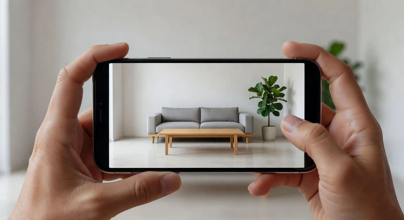 A split screen showing a messy living room transforming into a fully decorated modern space using an AI app on a smartphone.