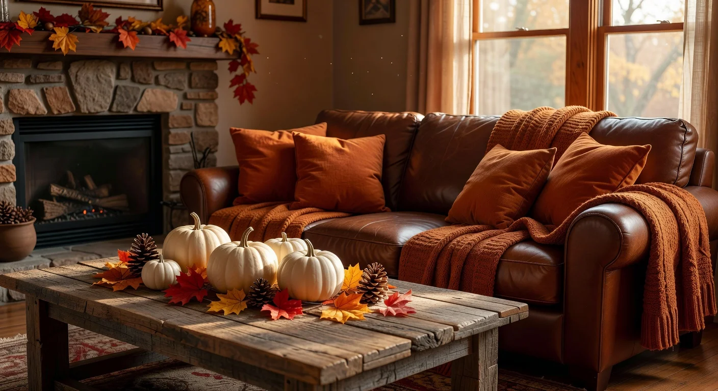 Cozy fall decor living room with orange pillows and white pumpkins