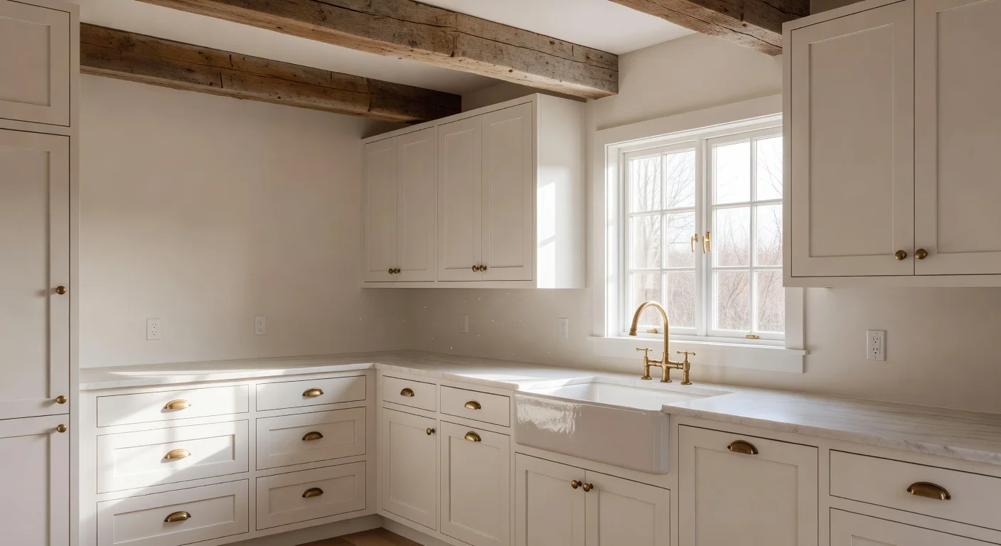 A modern farm house kitchen featuring a large white apron-front sink, reclaimed wood beams, and shaker-style cabinetry.