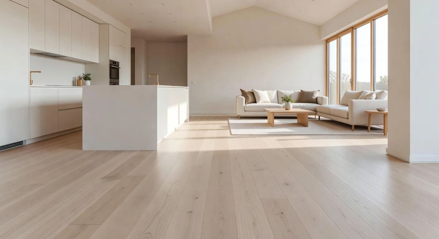 Continuous hardwood flooring installed across an open concept kitchen and living area.