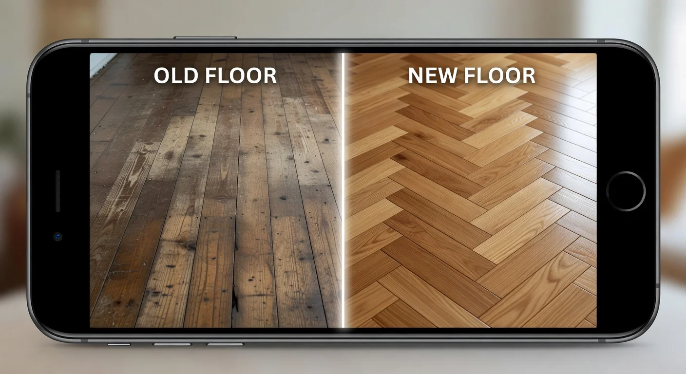 Using a mobile phone app to visualize new floors in an existing living room.