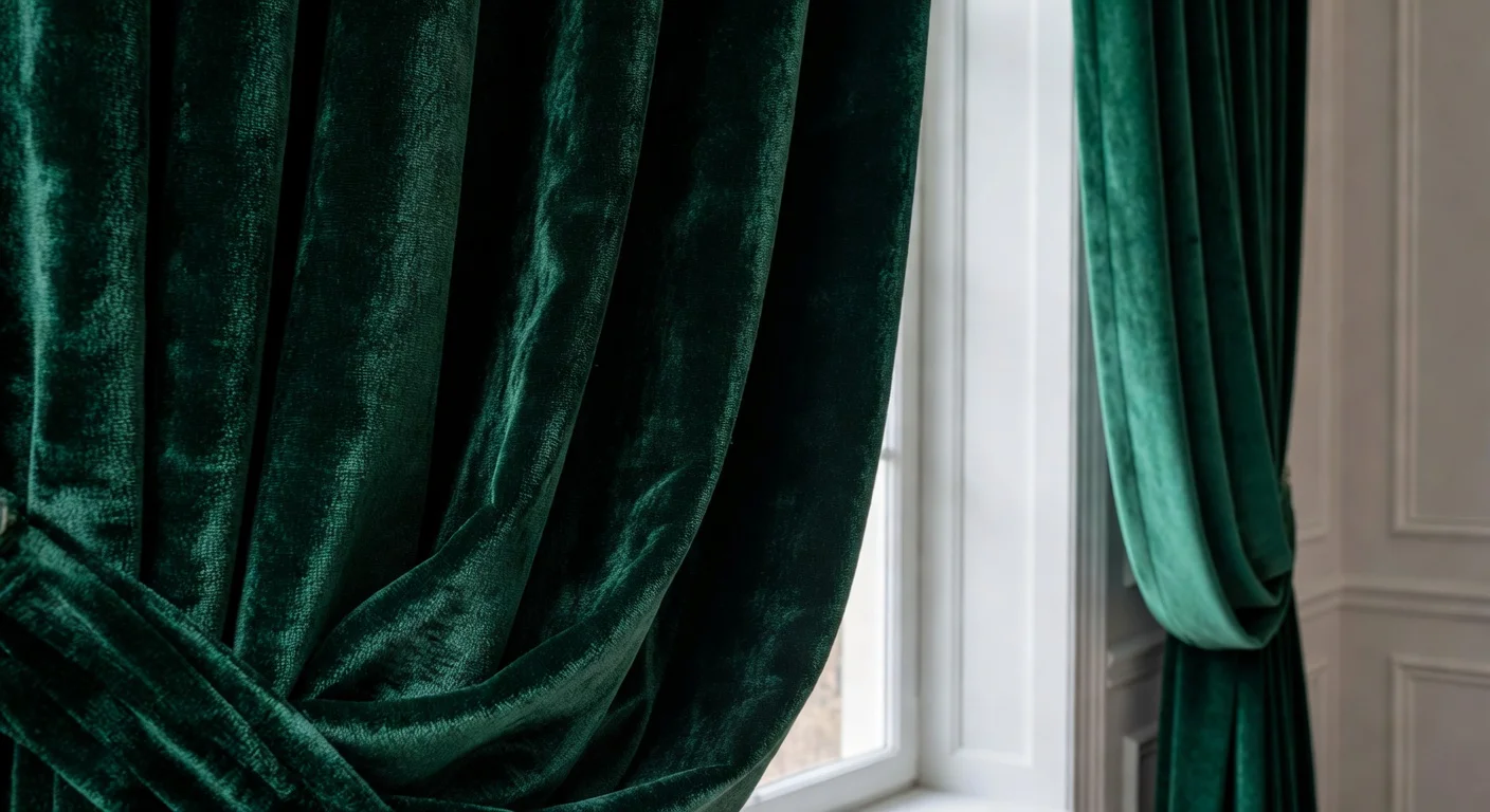 Heavy emerald green velvet drapes illustrating the rich textures used in grand decor.