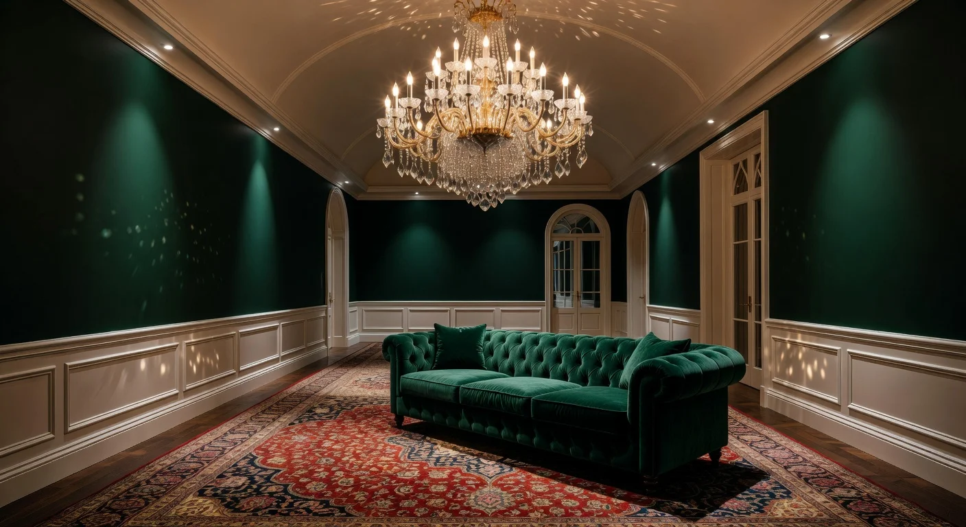 A grand living room featuring a massive crystal chandelier, wainscoting, and deep blue velvet drapery.