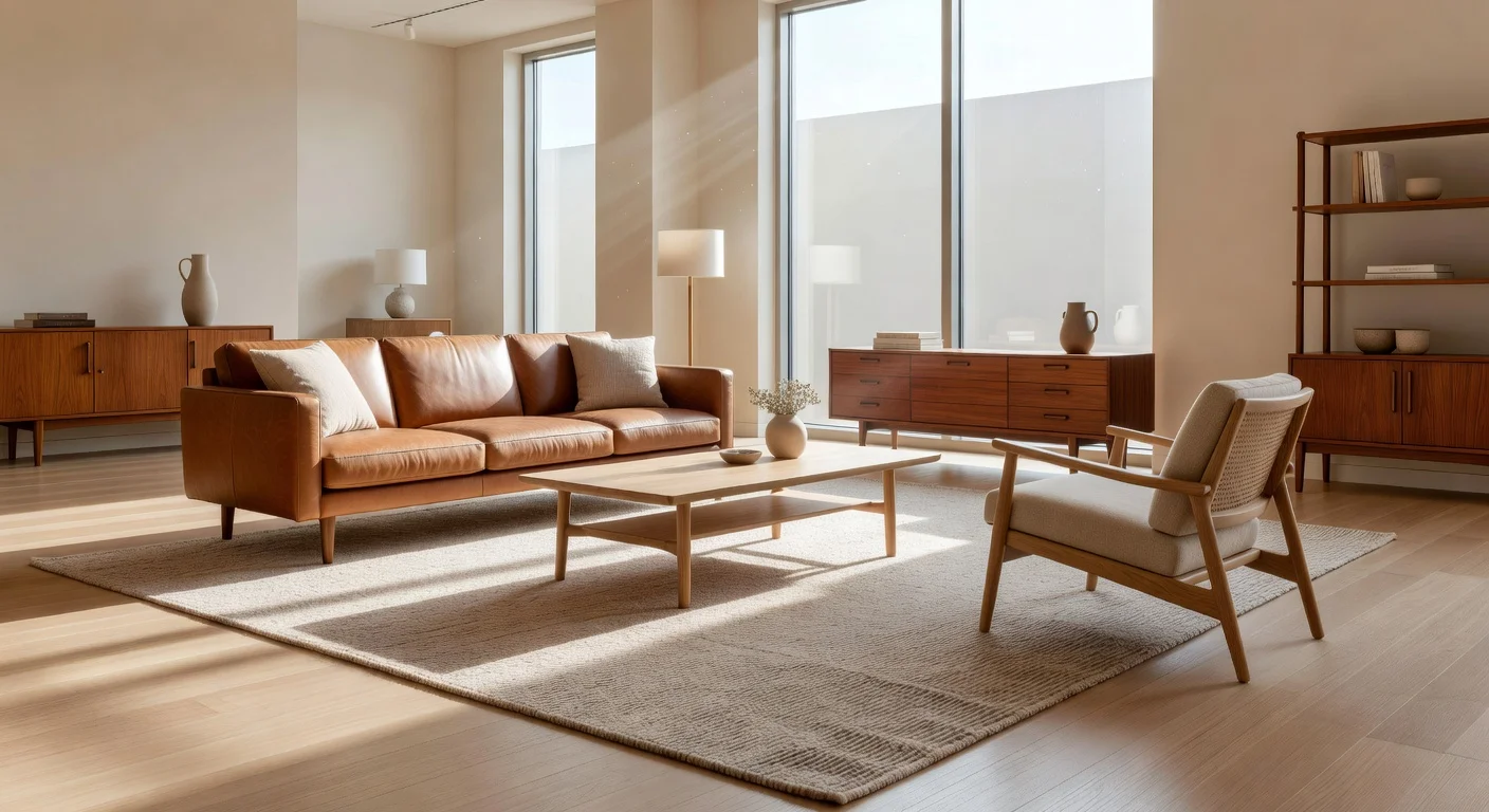 A modern home decor store showroom featuring mid-century furniture and digital price tags
