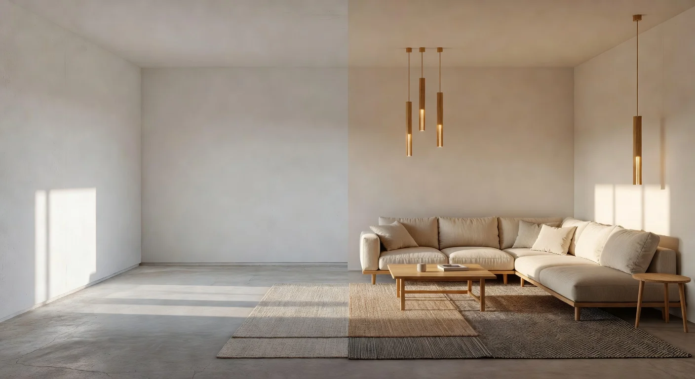A split screen showing an empty living room transforming into a modern Japandi styled space using home inside design AI software.