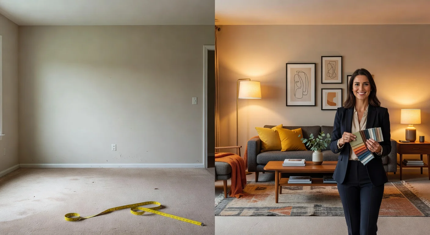 A modern living room split in half showing an empty space and a fully decorated room designed by a local professional.