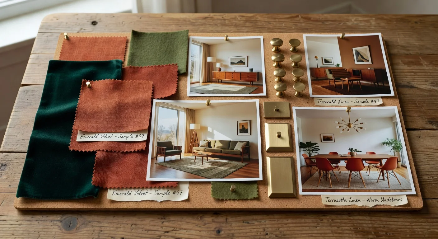 A physical interior design mood board featuring textile swatches and brass hardware.