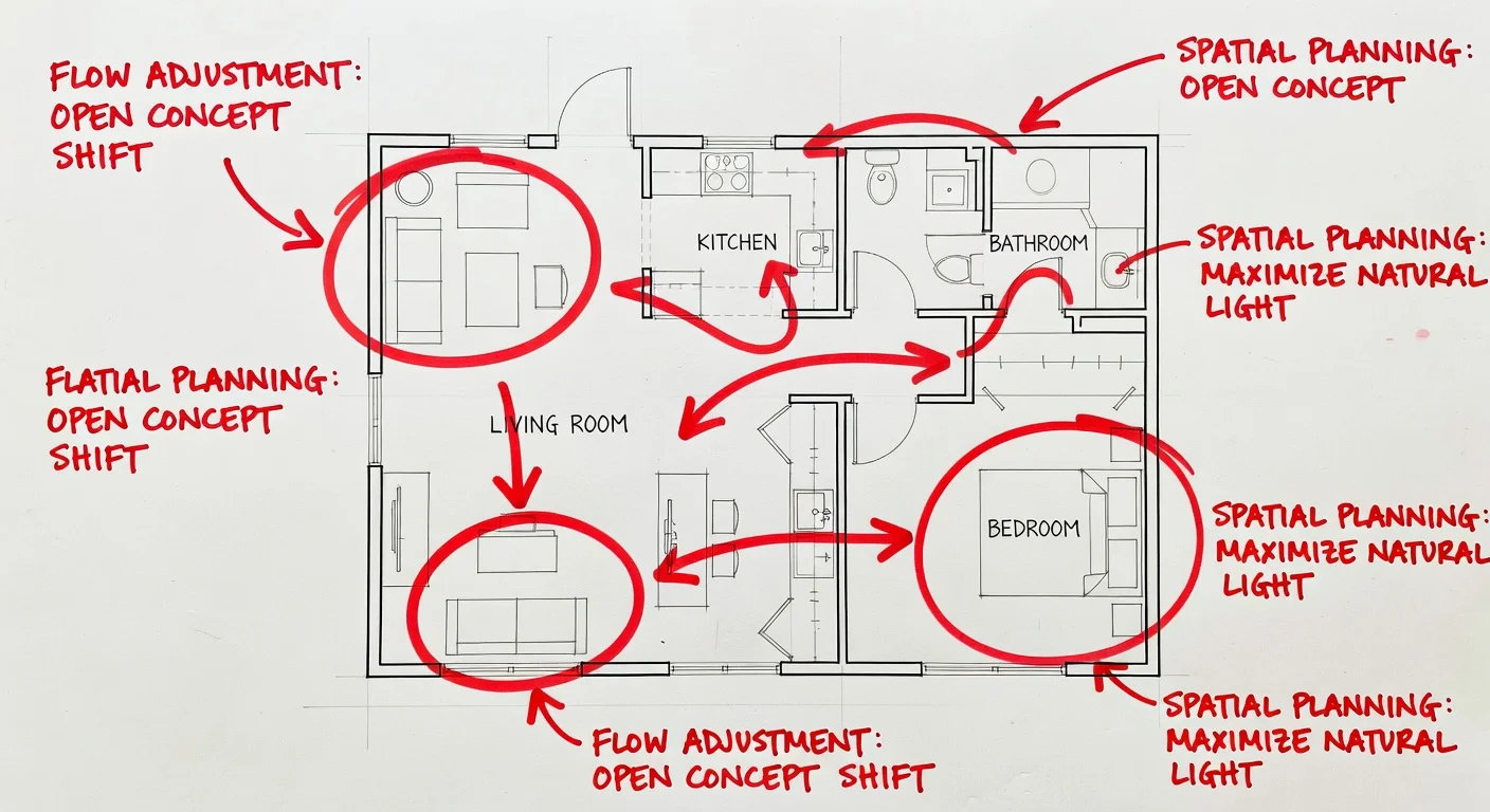 A top-down CAD drawing used by an interior designer to plan a furniture layout.