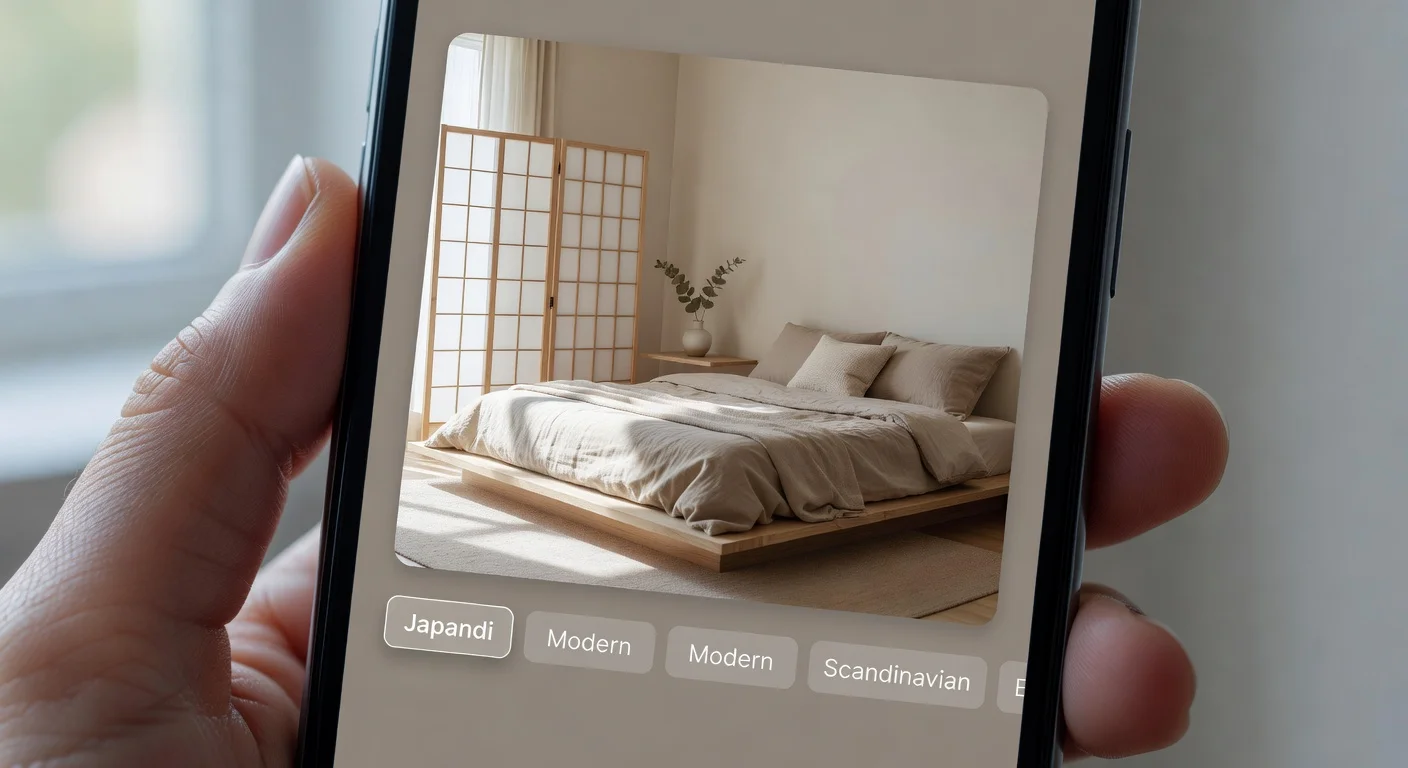 A user generating a bedroom remodel on their phone using an AI interior design app.