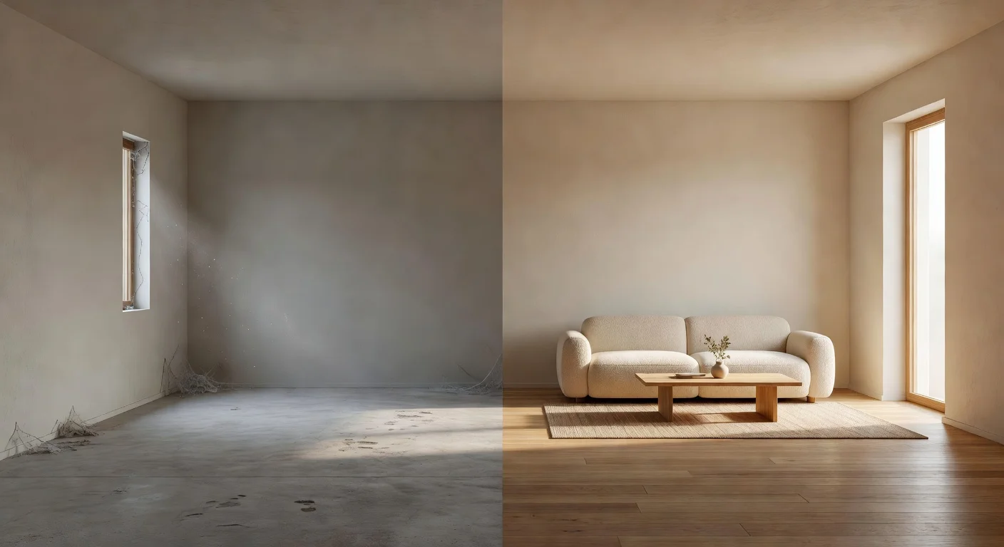 A modern living room split in half, showing a raw empty space on the left and a fully furnished interior design on the right