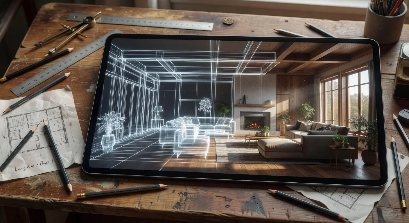 Digital tablet displaying an AI generated open concept living space with wireframe mapping.