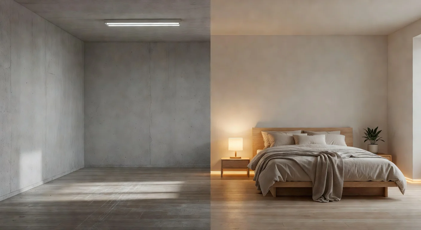 A modern living room split in half, showing a raw photograph on the left and a generated Japandi style rendering on the right.