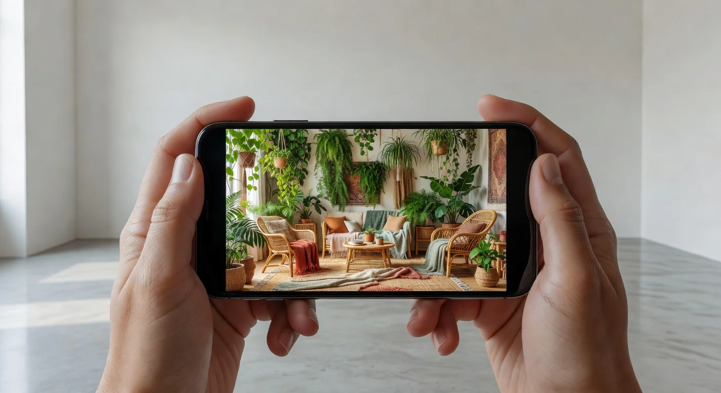 Scanning an empty room with a smartphone to generate a Boho style AI interior design layout.