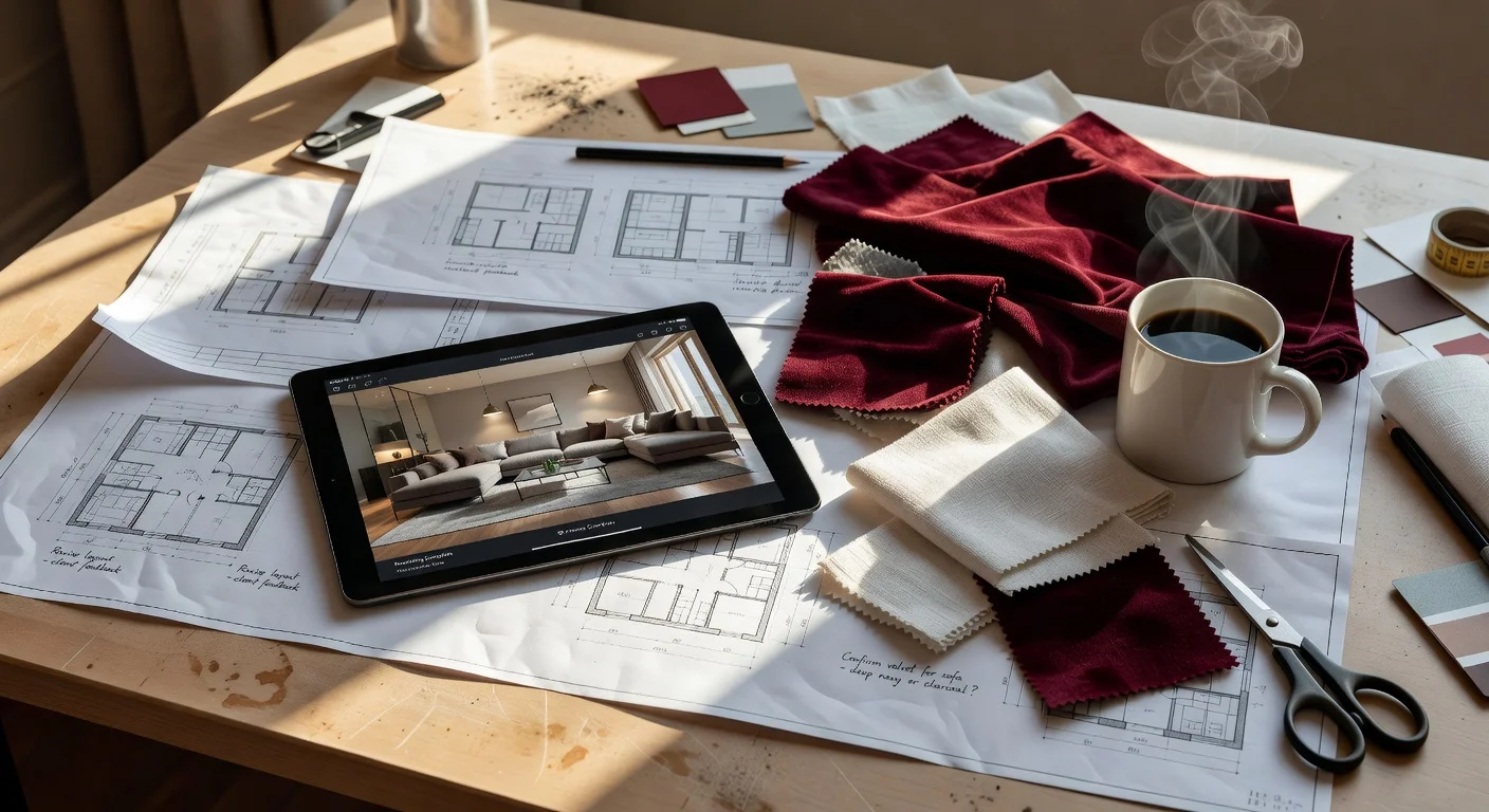 Interior designer organizing floor plans and fabric swatches on a modern drafting table