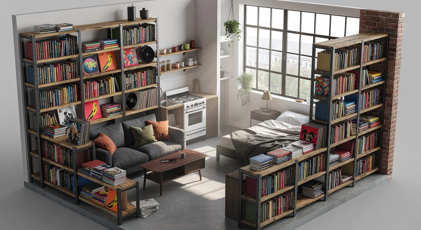 An overhead view of a floor plan utilizing open shelving for life decor.