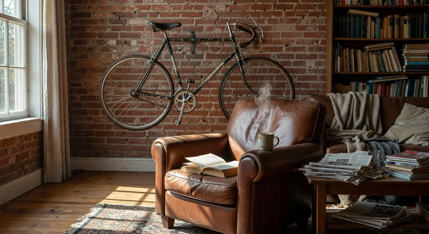 A lived-in living room with a bicycle mounted on the wall and functional floor layout