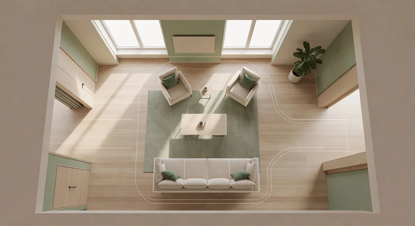 A perfectly spaced modern living room layout showing an aerial view of a sofa, coffee table, and walkways.
