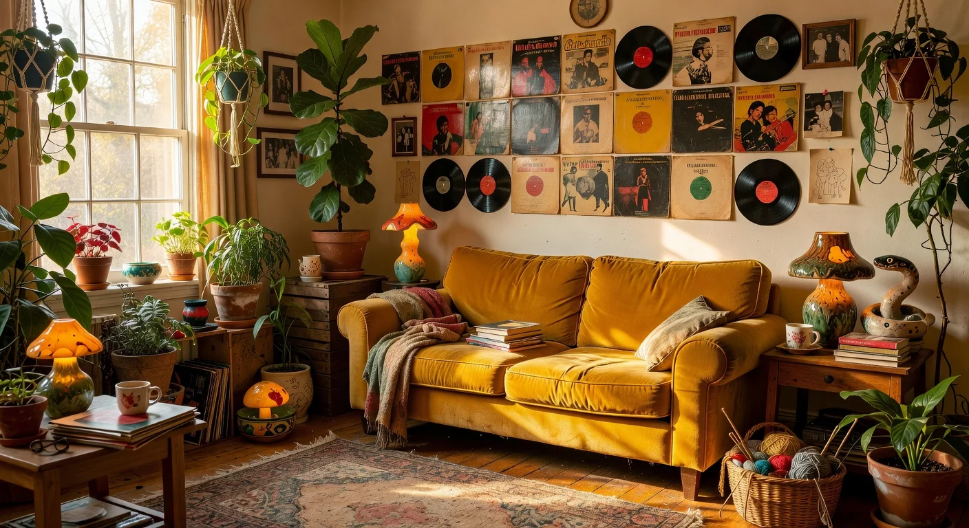 A deeply personal, eclectic living room featuring custom art, vintage records, and vibrant me decor elements.