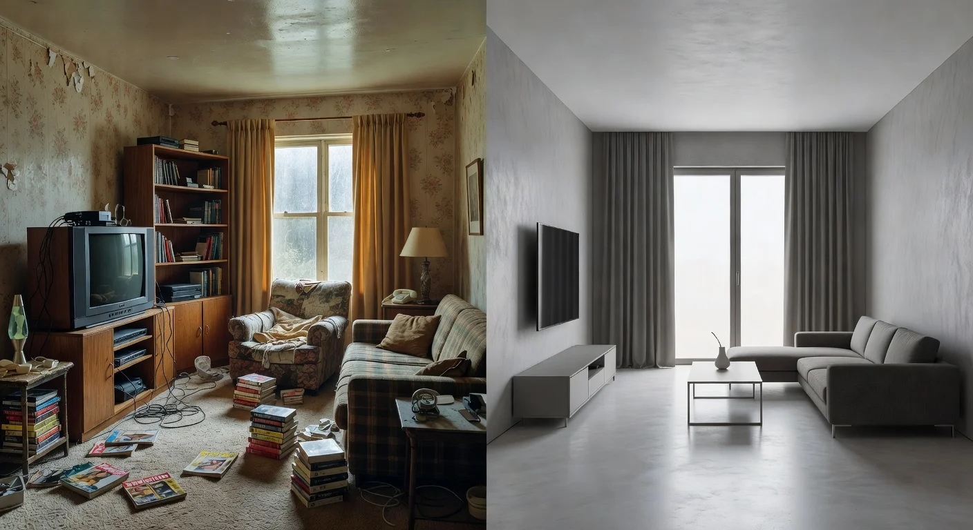 A before-and-after comparison of a messy room transformed into a modern living space.