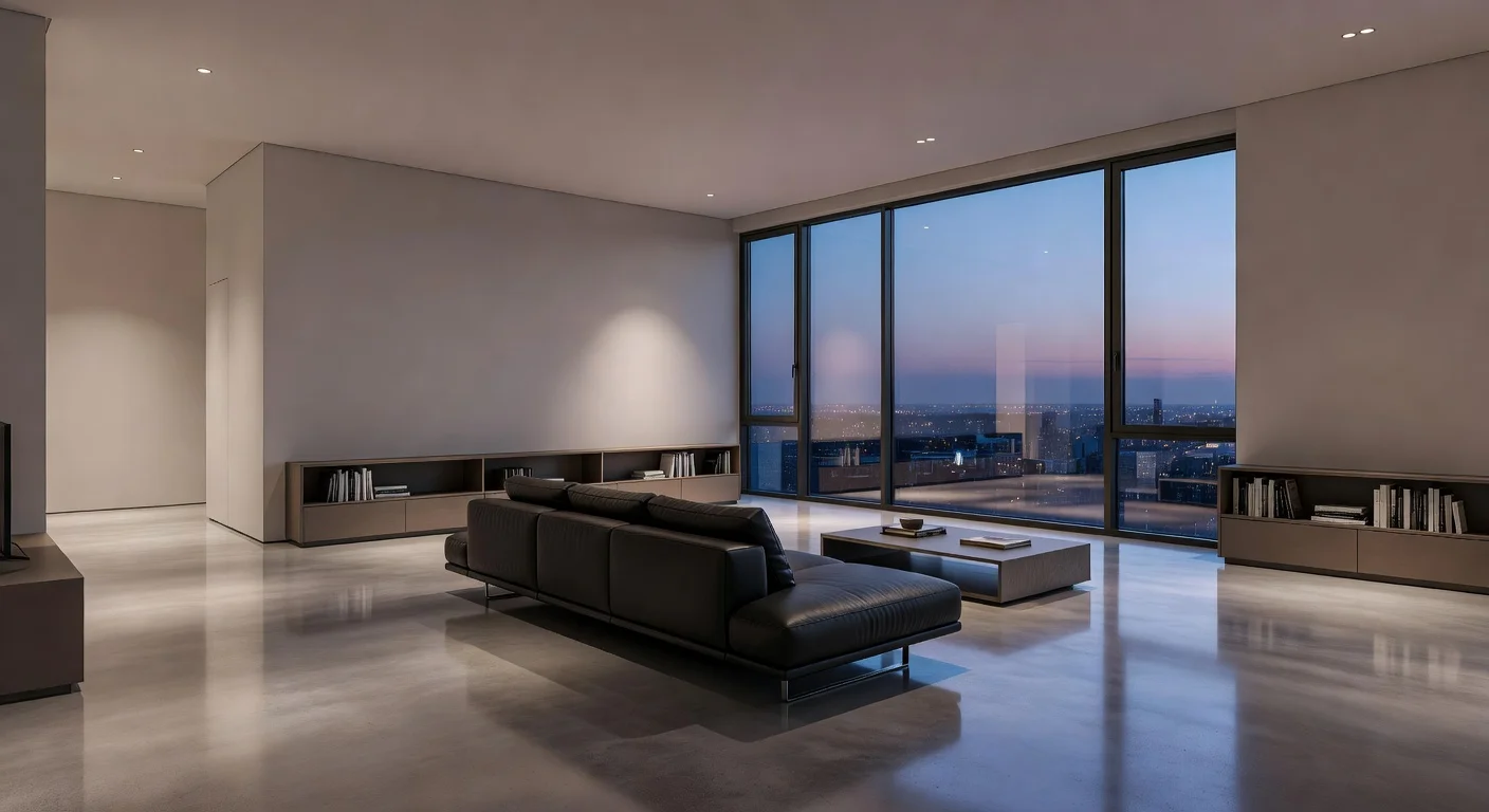 A minimalist modern living room featuring clean lines, leather furniture, and floor-to-ceiling glass windows.