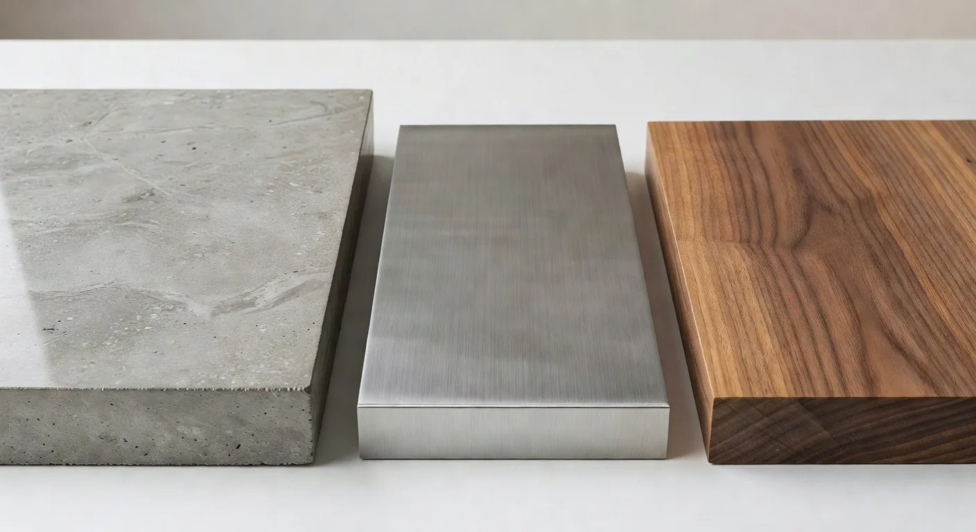 Material palette showing concrete, steel, and walnut wood used in modern design.