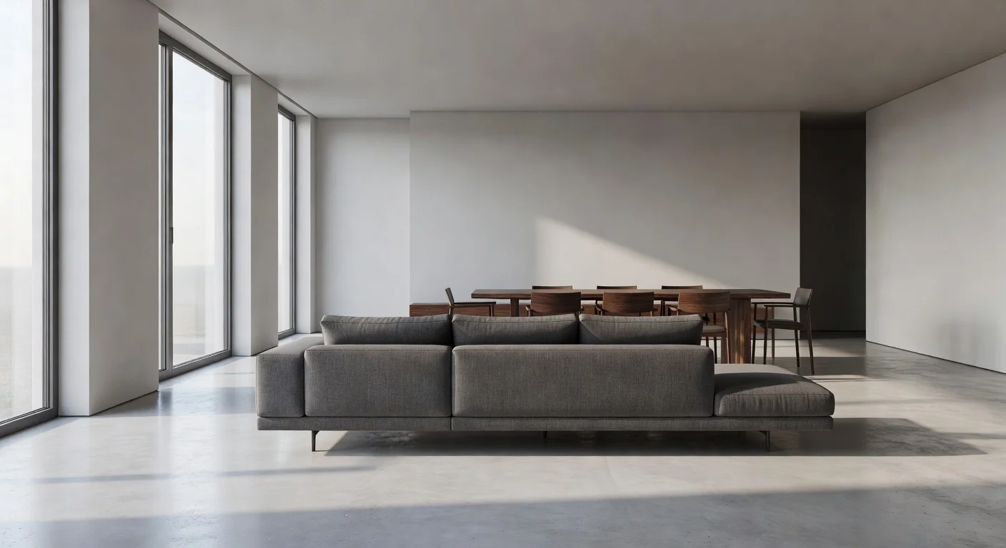 A modern open concept living and dining space with a floating sectional, textured rugs, and large windows