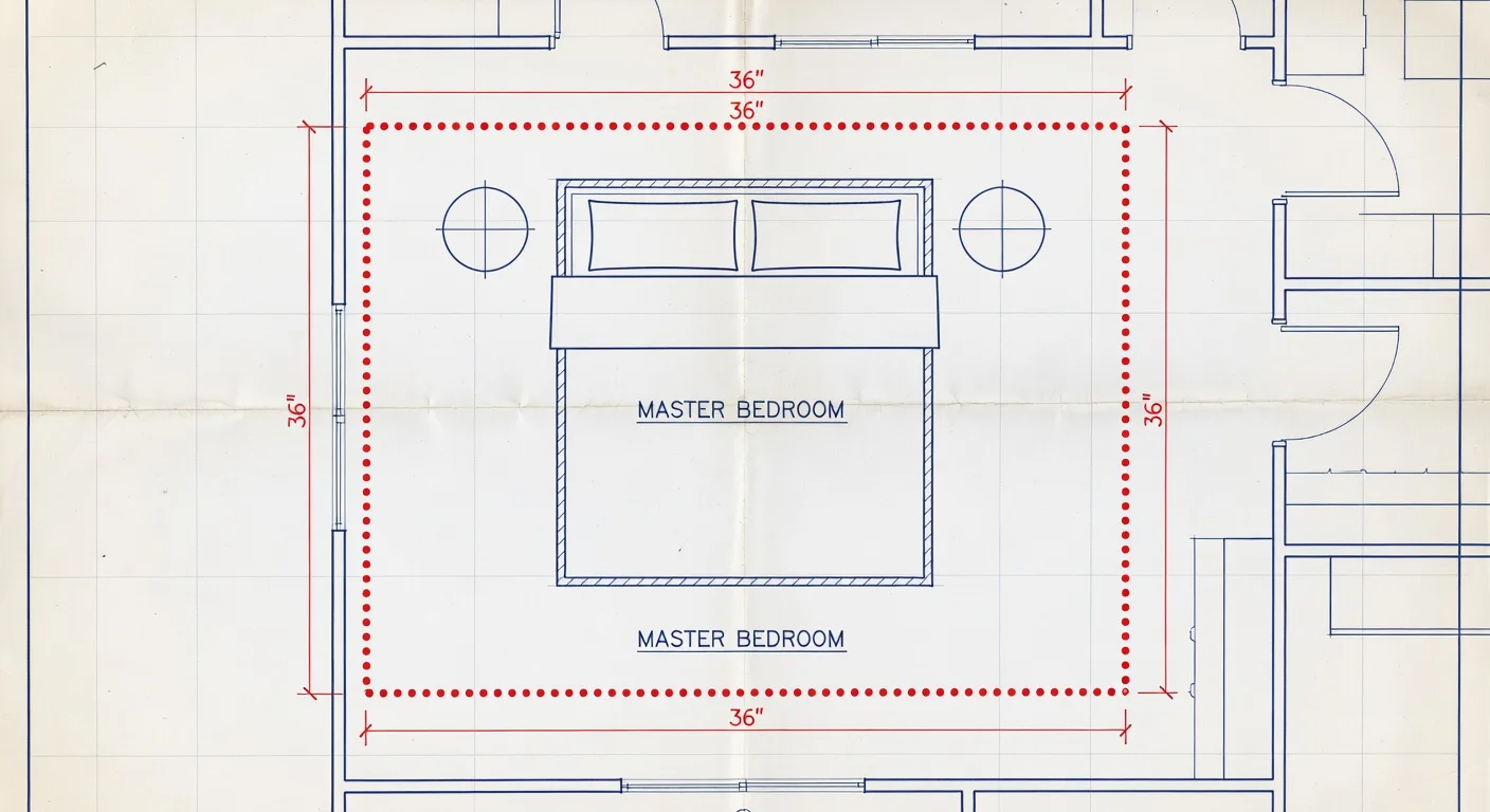 Floor plan showing the correct 36-inch walking path clearance requirement around a queen size bed.