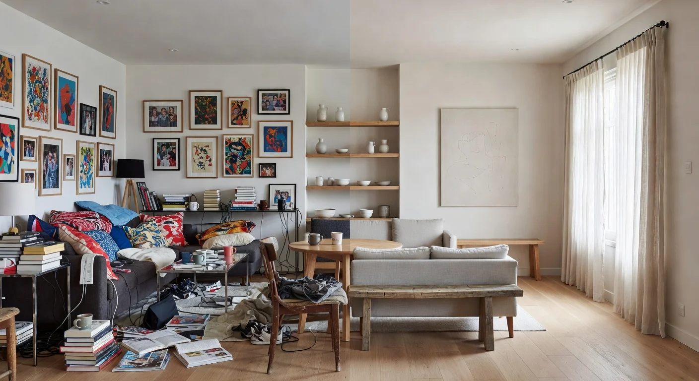Side by side comparison of a cluttered room versus a clean, AI-generated farmhouse design without wall modifications.