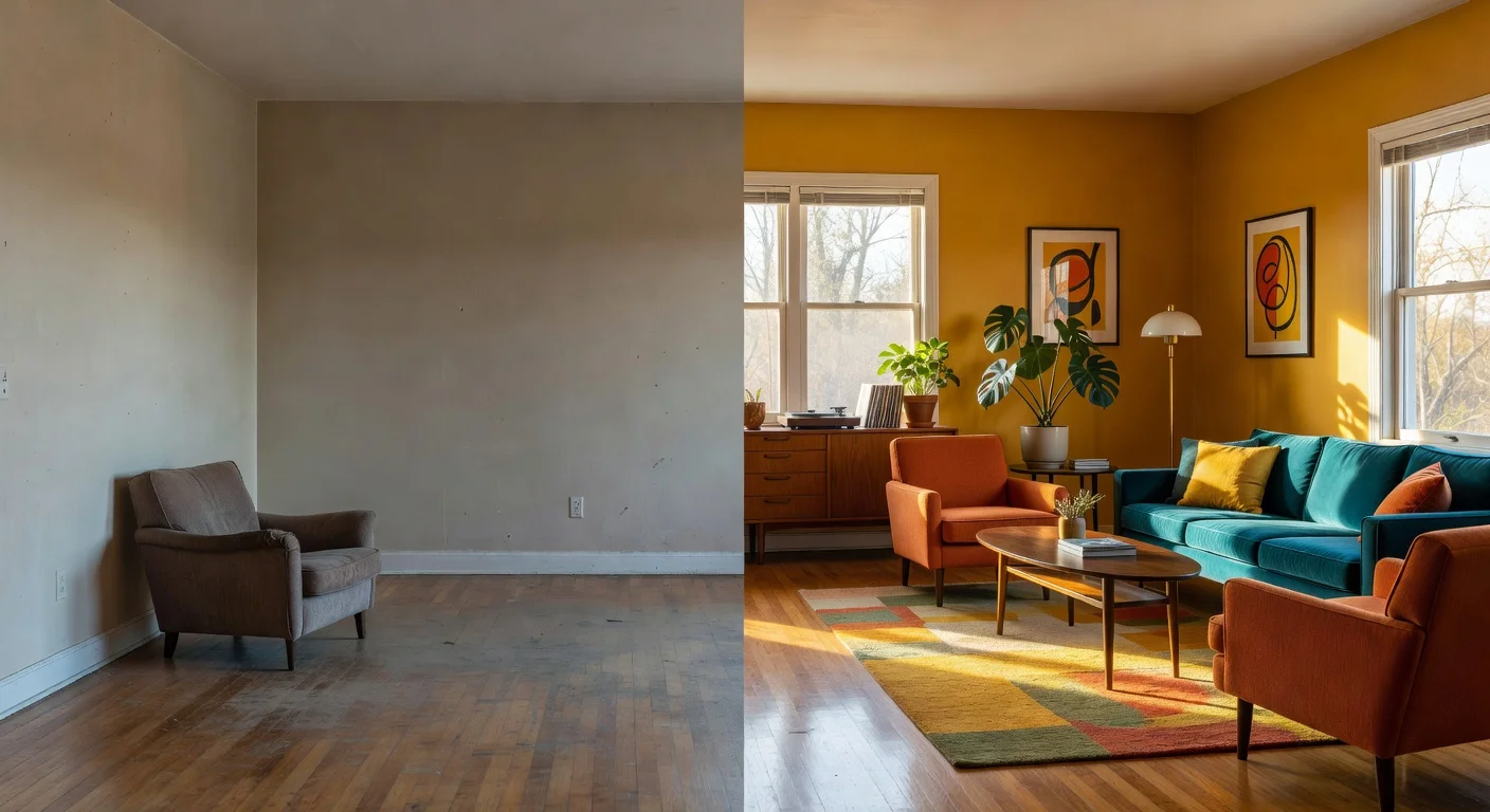 A split-screen showing a messy bedroom next to a clean, Japandi-style AI generated room idea